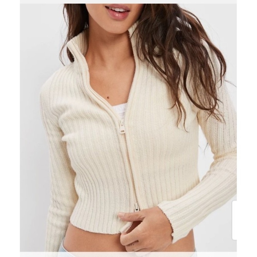 American Eagle Cream Ribbed Double Zip Cropped Cardigan Sweater XXL Mock Neck